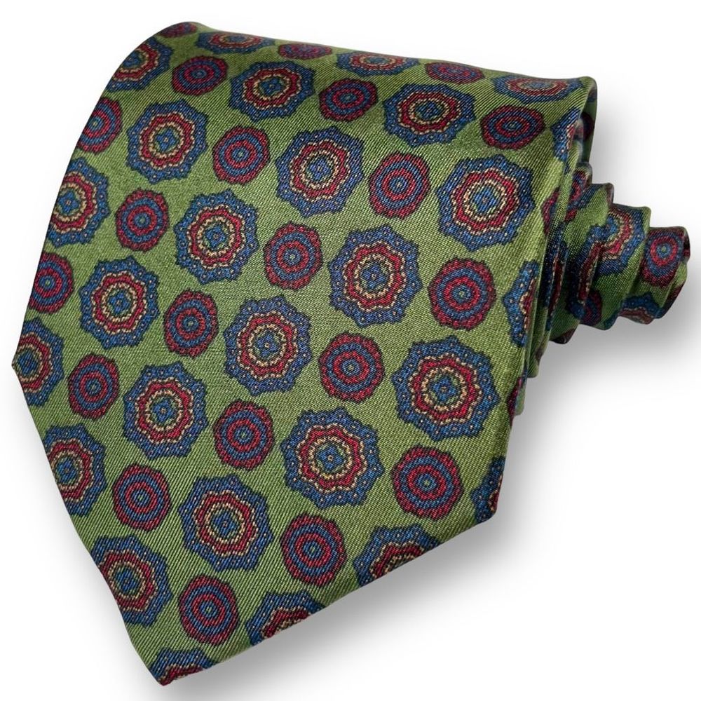 VITALIANO PANCALDI GUC Men’s Vintage Green/Red Medallion Foulard 100% Silk Tie - Picture 1 of 8